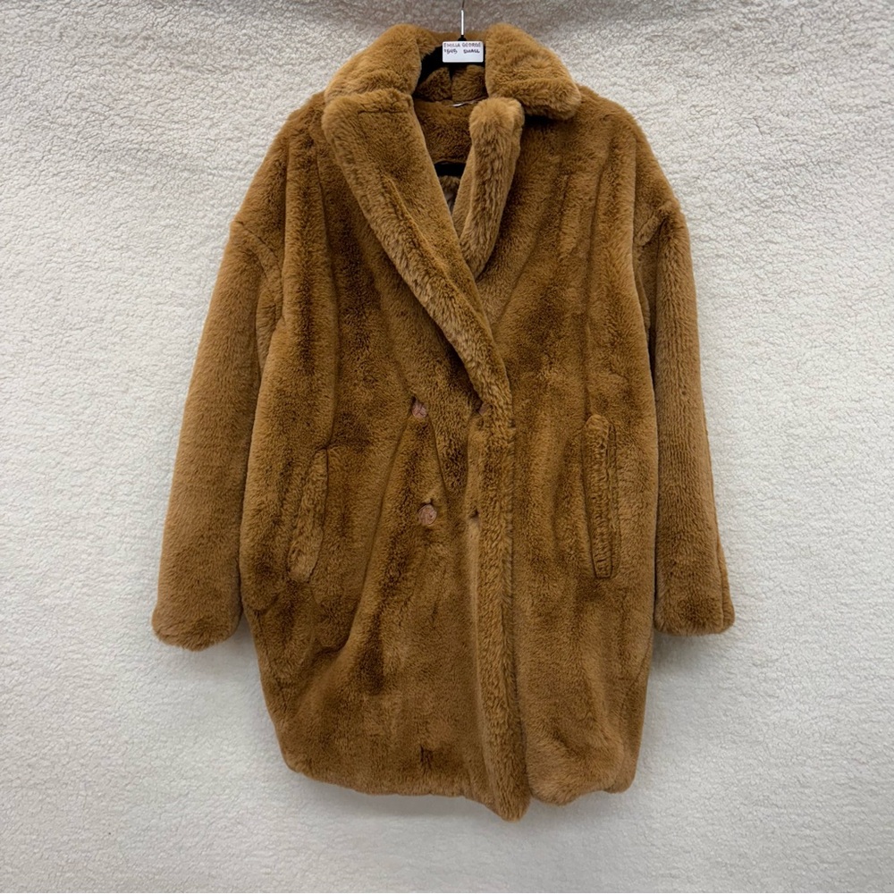Small - EMILIA GEORGE - Faux Fur Maternity Coat Camel Teddy $545 msrp
